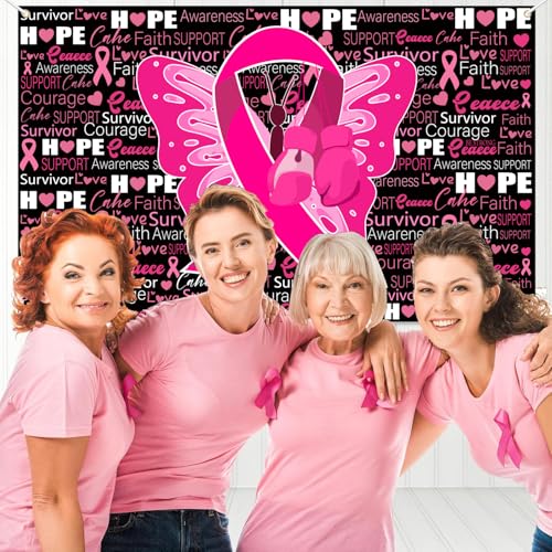 Breast Cancer Awareness Backdrop Banner, Pink Ribbon Decor, 72 x 43 Inches