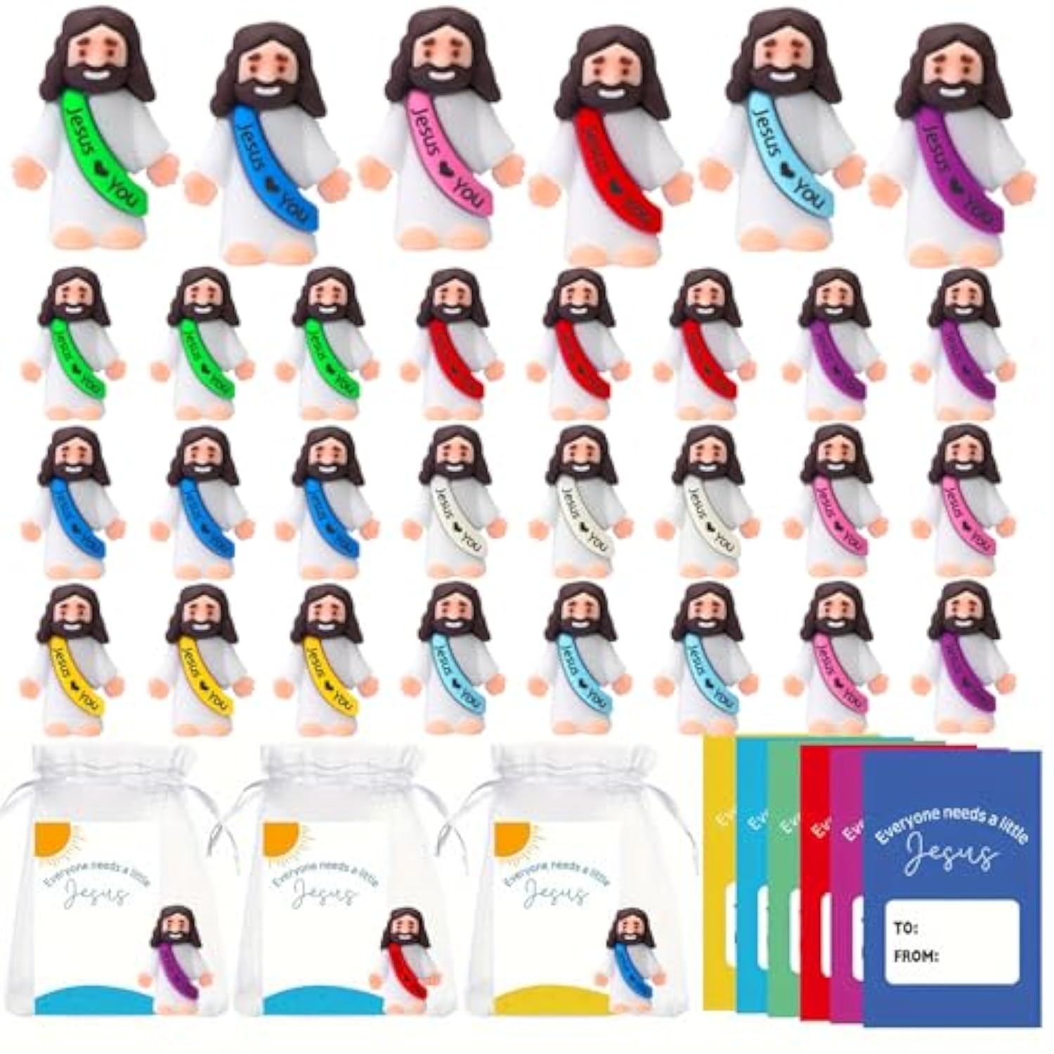 24 Pack Little Jesus Figurines Toys Set Jesus Love You Mini Rubber Toys Includes 24Pcs Organza Bag And Gift Cards Perfect For Kids Sunday School Baptism Gifts Party Favor