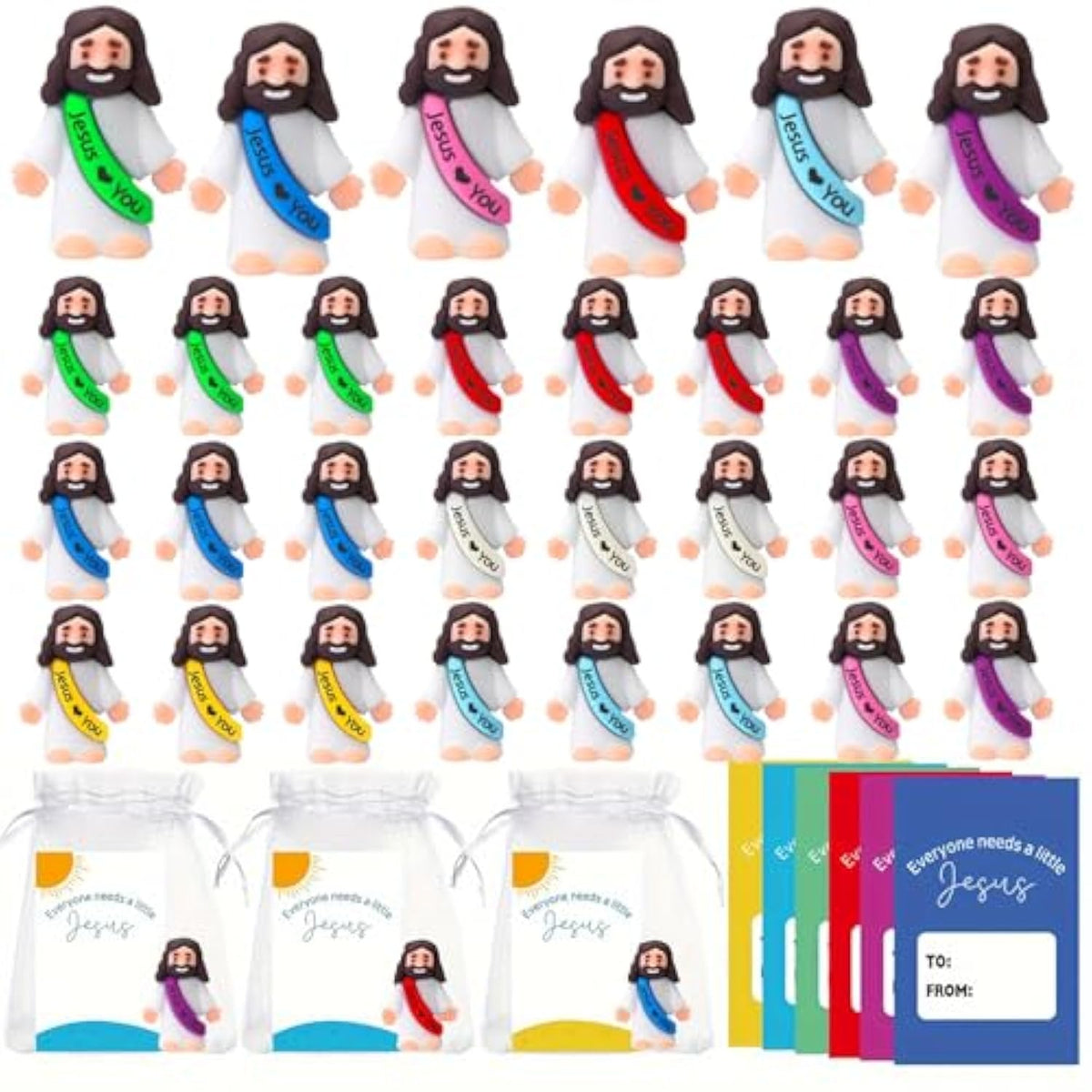 24 Pack Little Jesus Figurines Toys Set Jesus Love You Mini Rubber Toys Includes 24Pcs Organza Bag And Gift Cards Perfect For Kids Sunday School Baptism Gifts Party Favor