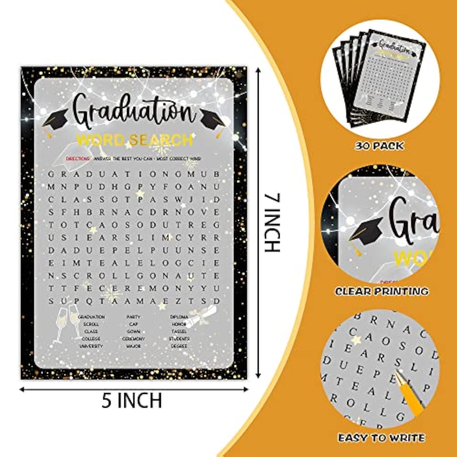 Graduation Party Games - Word Search Game Cards For The Graduate - Graduation Party Decorations 2024 - Gold & Black Grad Celebrations Party Supplies For High School/College - 30 Game Cards(G01)