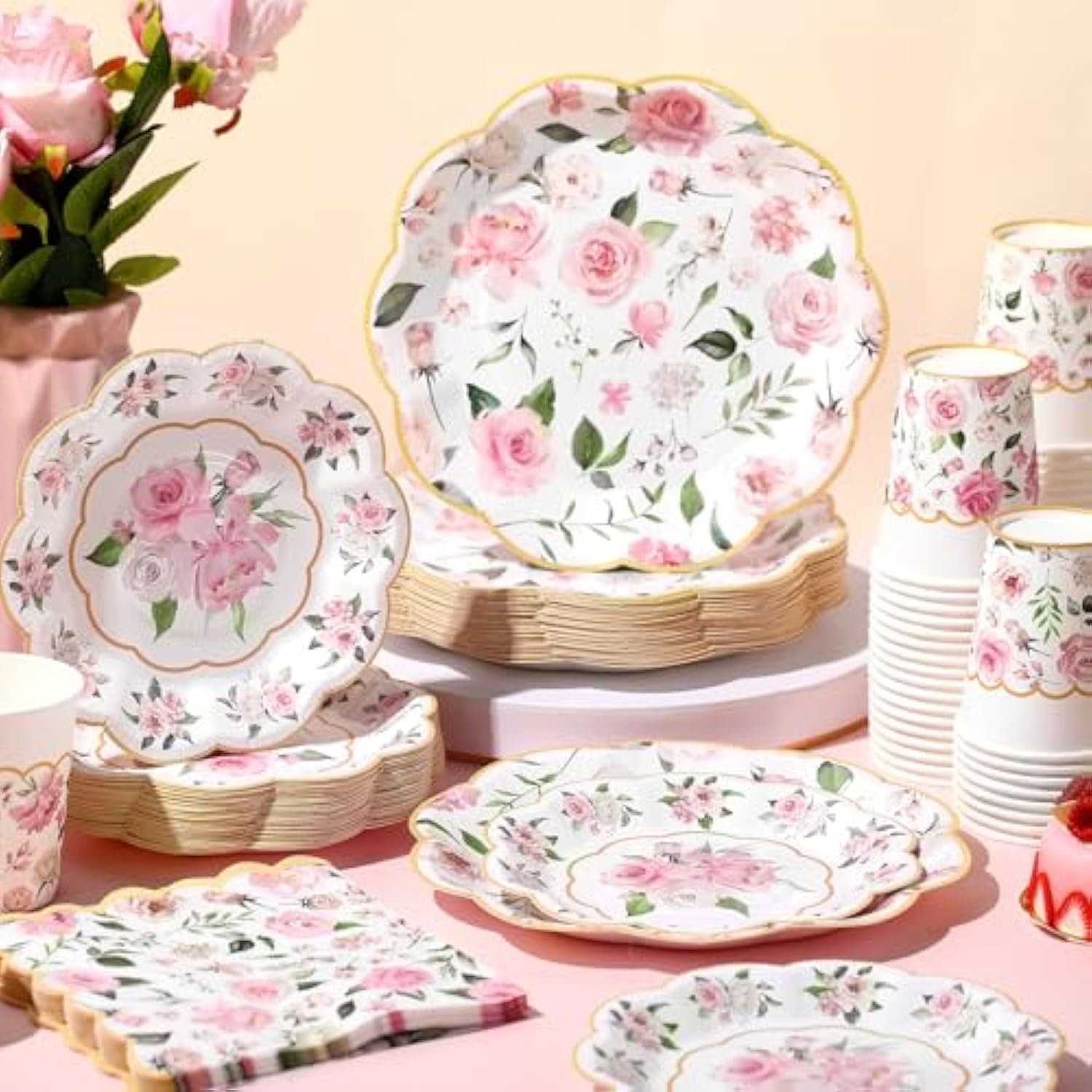 250Pc Pink Gold Floral Tableware Set Plates Napkins Cups for Parties Serves 50
