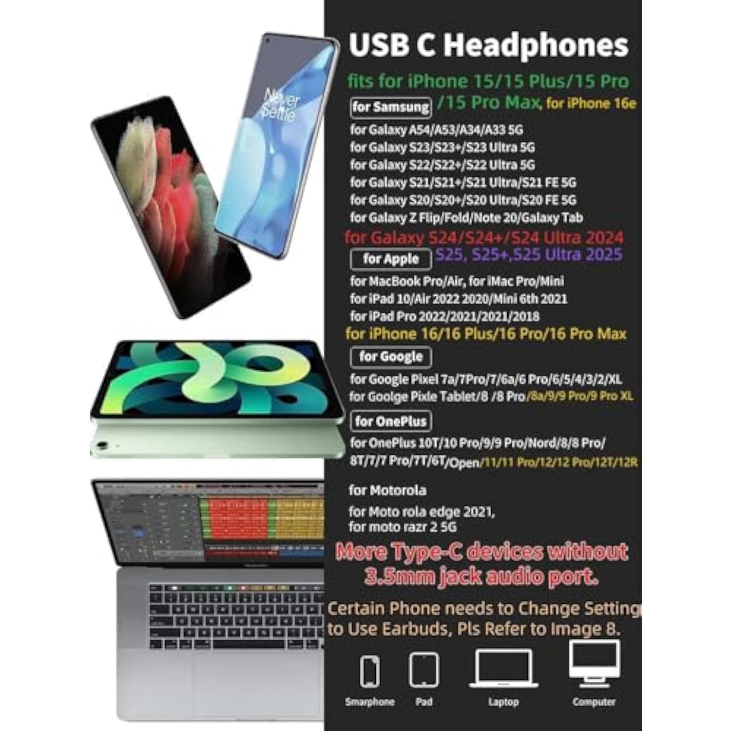 Usb C Headphone, Type C Earphone Magnetic Wired Earbud For Samsung S22 Ultra S