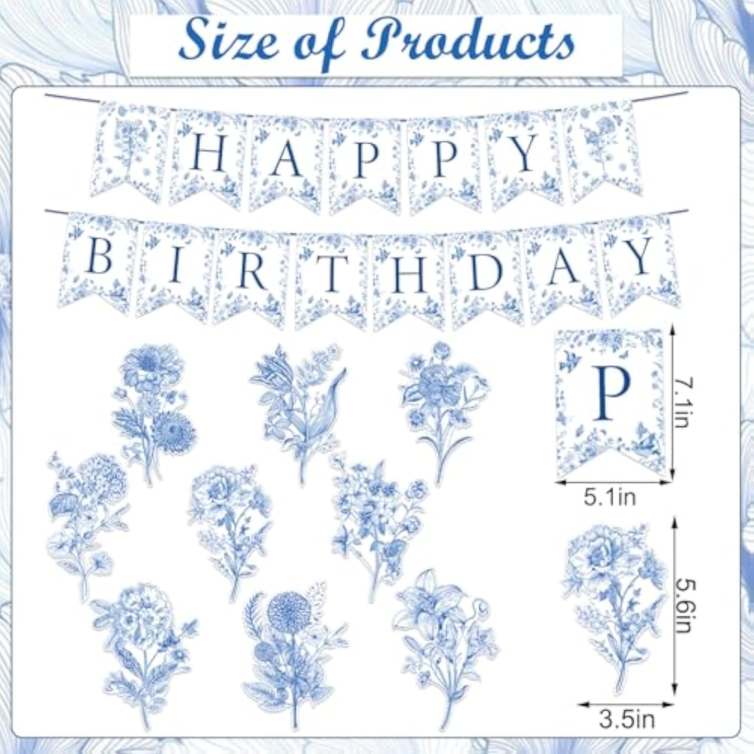 11 Pcs Blue Flower Chinoiserie Happy Birthday Banner & Hanging Swirls