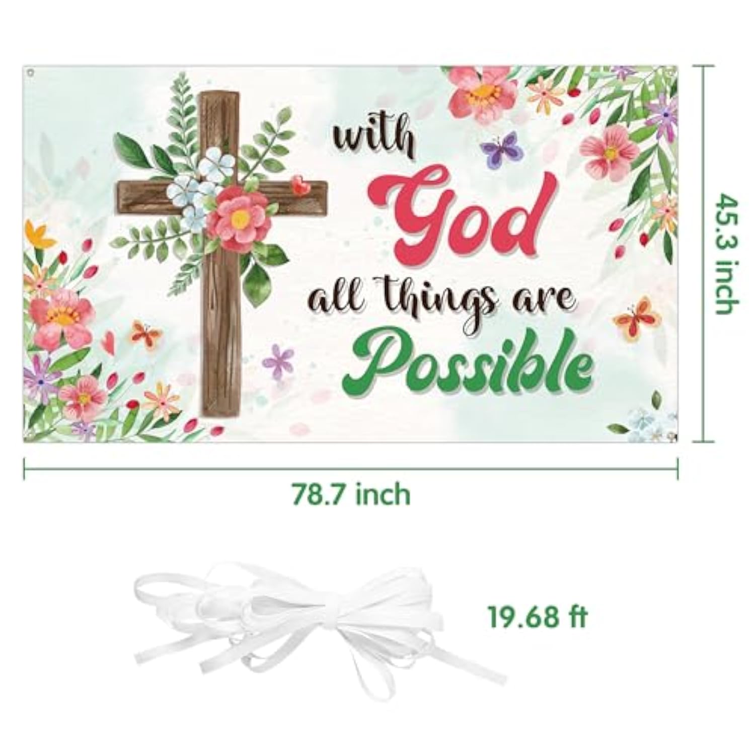 Extralarge With God All Things Are Possible Spring Christian Backdrop Banner Decorations Spring Flower Butterfly Religious Bible Cross Background Supplies For Home Office Background Wall Decor
