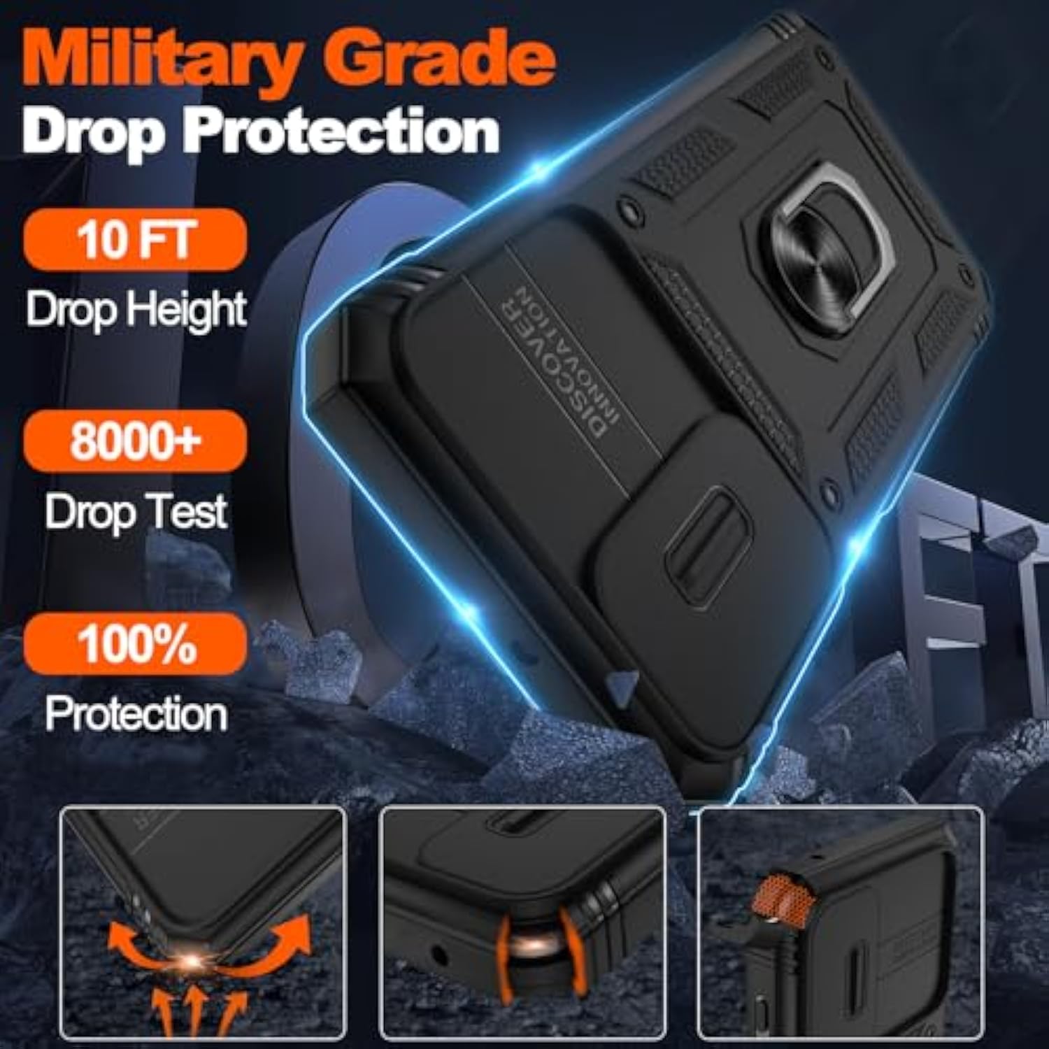 For Galaxy A23 5G Phone Case With Slide Camera Cover & Screen Protector*2, Build In 360° Rotating Ring Kickstand, Military Grade Protective Cover For Samsung Galaxy A23 5G, Black