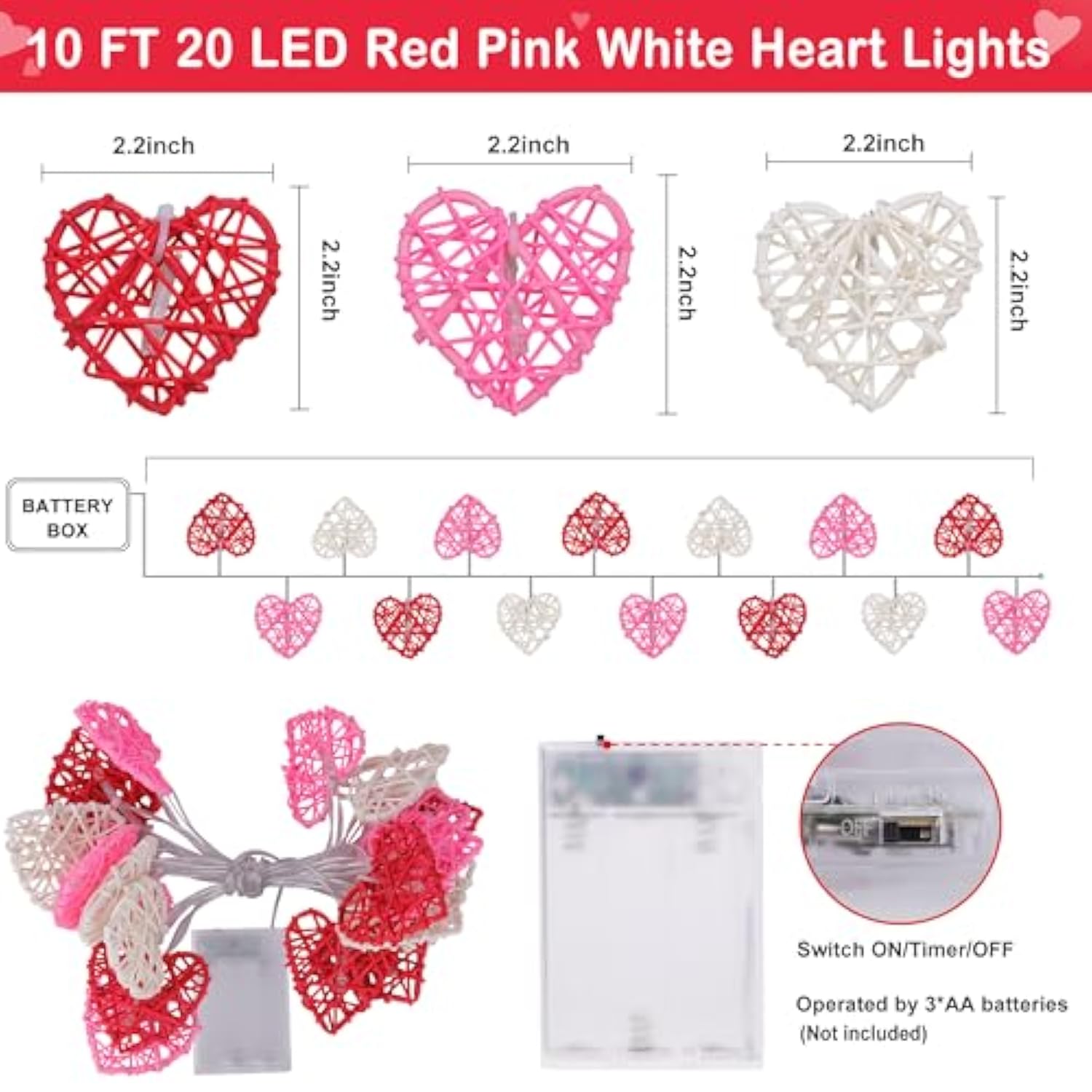 [Timer] Valentines Day Decorations Red Pink White Heart Lights 10Ft 20Led 3D Hollowed Rattan Big Heart String Light Battery Operated, Valentines Day Lights Romantic Valentines Decoration Bedroom Party