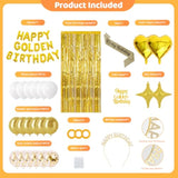Golden Birthday Party Decorations Includes Happy Golden Birthday Banner,Foil Fringe Curtains,Latex Balloons,Cake Topper,Sash,Tiara