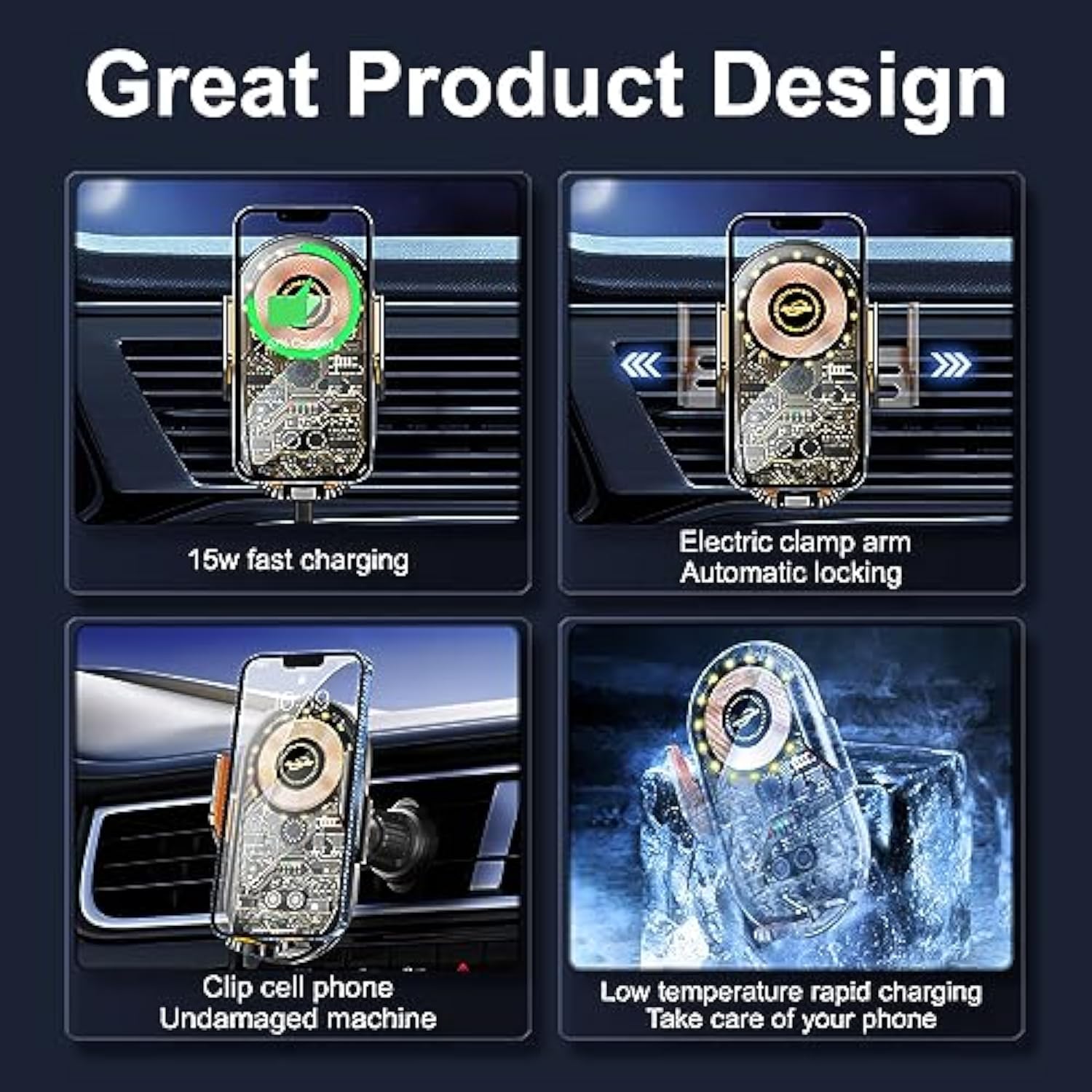 Car Phone Mount, Car Phone Mount Wireless Charger, Wireless Car Charger, Qi 15W Fast Charging Auto Clamp Mount Air Vent Phone Mount Compatible With All 4.7-7.2 Inch Devices