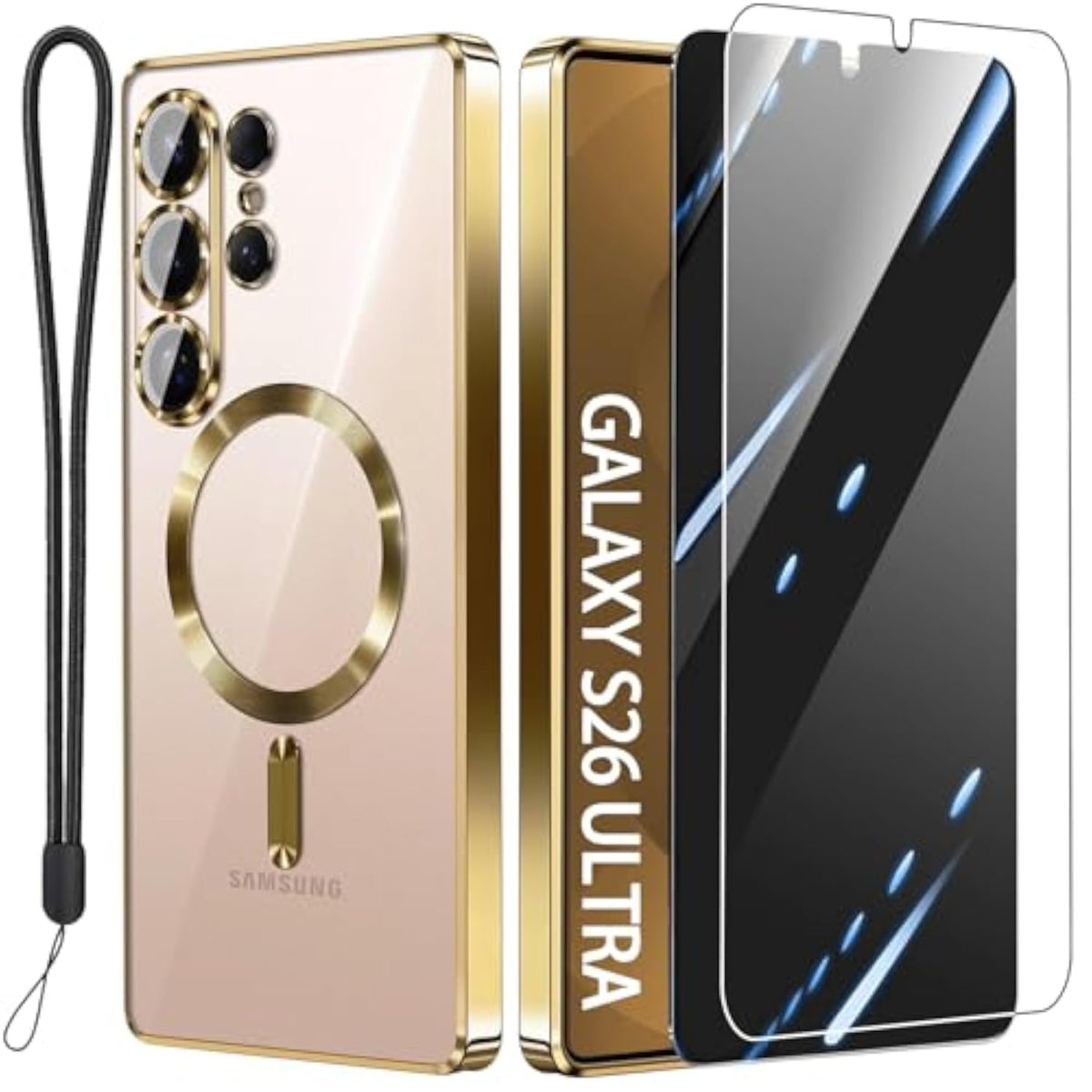 Glossy Luxury Magnetic Case for Samsung Galaxy S26 Ultra with 2X Screen Protector and Camera Protector, Compatible with MagSafe Slim Clear Drop Protection Cover for Galaxy S26 Ultra - Gold
