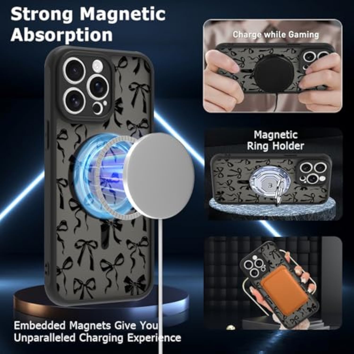 Magnetic For Iphone 15 Pro Max Case [Compatible With Magsafe] Cute Cool Bowknot Bow Tie Print Pattern Design, Slim Bumper Translucent Matte Protective Cover For Women Girls, Black