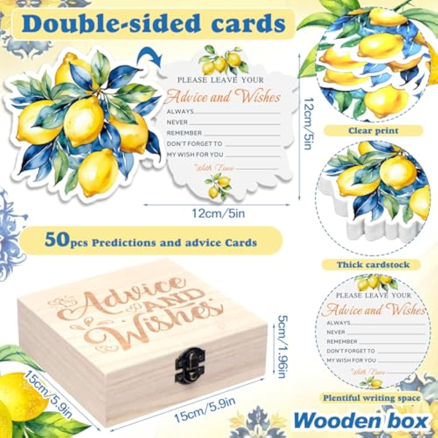 50 Pcs Lemon Advice & Wishes Cards For The Mr & Mrs Amalfi Coast Party Decorations Lemon Bridal Shower Party Favors With Wooden Keepsake Box For Wedding Amalfi Coast Mediterranean