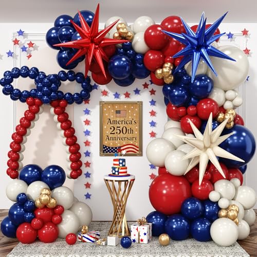 Red White Blue Balloons Arch kit 4th of July Navy Royal Blue Red Sand White Gold Balloon Star Foil Balloon for USA 250th Anniversary Independence Memorial Graduation Patriot Birthday Party Decoration