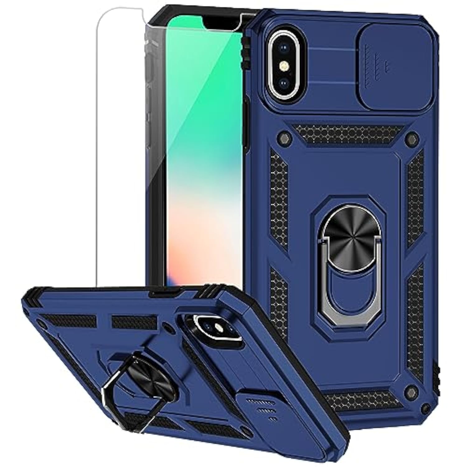 For Iphone Xs Max Case With Camera Lens Cover Hd Screen Protector, Dual Layer Military Grade Drop Protection Magnetic Ring Holder Kickstand Protective Phone Case For Iphone Xs Max 6.5 Inch (Navy Blue)