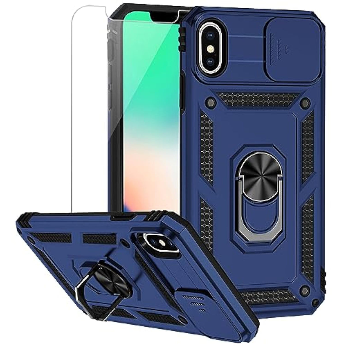 For Iphone Xs Max Case With Camera Lens Cover Hd Screen Protector, Dual Layer Military Grade Drop Protection Magnetic Ring Holder Kickstand Protective Phone Case For Iphone Xs Max 6.5 Inch (Navy Blue)