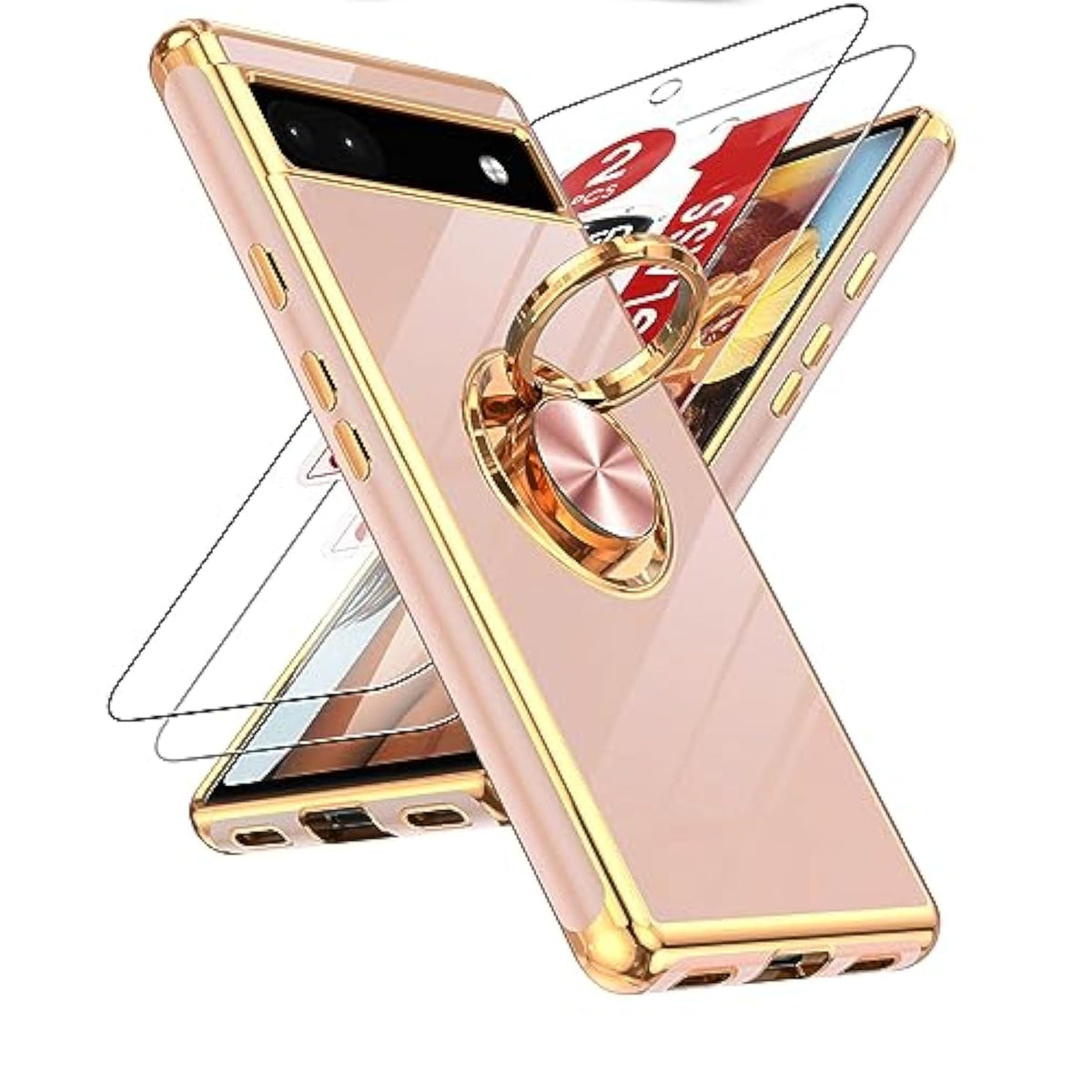 For Pixel 6A Case: With Tempered Glass Screen Protector [2 Pack] 360° Rotatable Ring Holder Magnetic Kickstand, Plating Rose Gold Edge For Google Pixel 6A Case, Pink