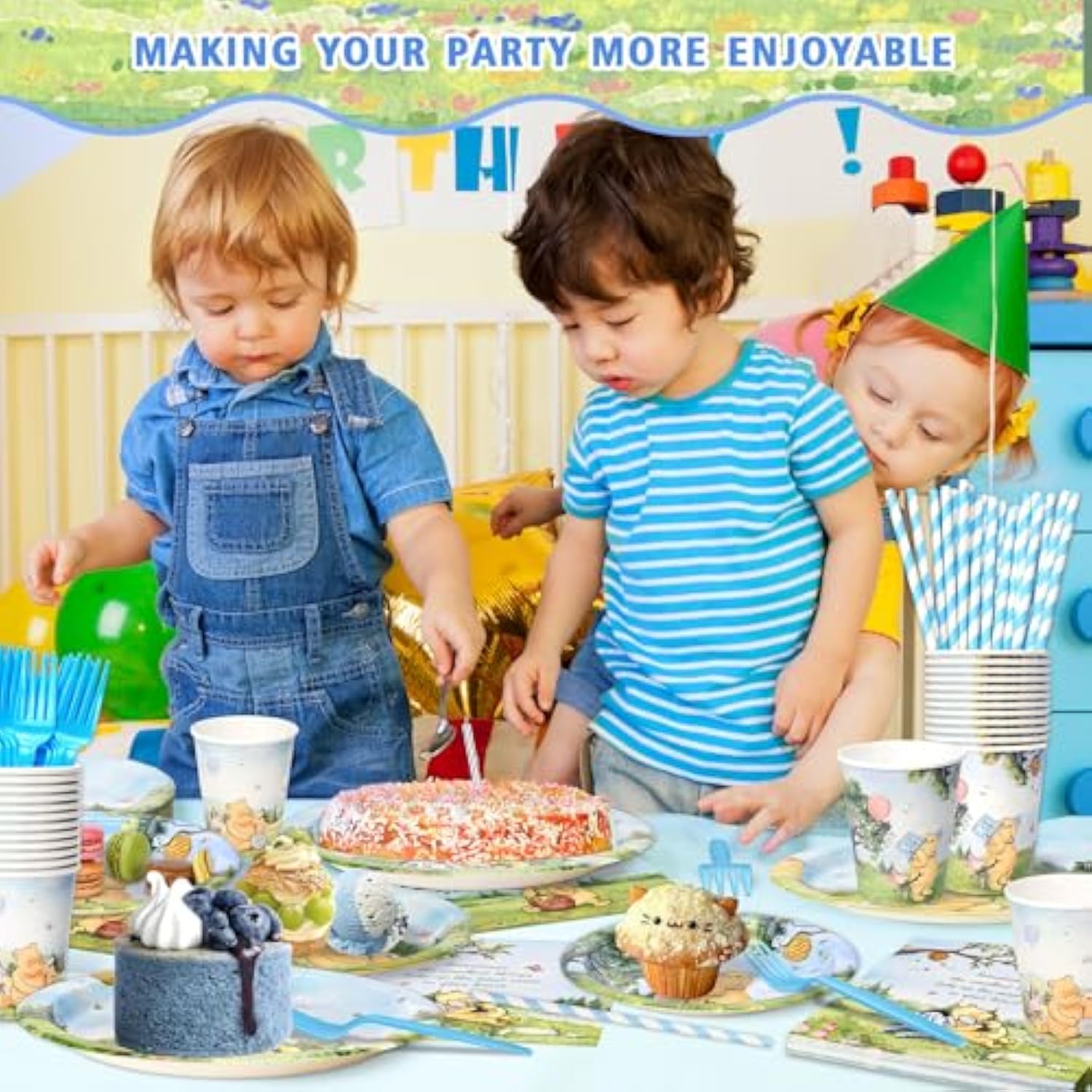 300 Pcs Winnie Bear Baby Shower Plates And Napkins Tableware Set, Plates Napkins Cups Straws And Forks Sets, Winnie Baby Shower Decorations Birthday Party Supplies, Serves 50 Guests