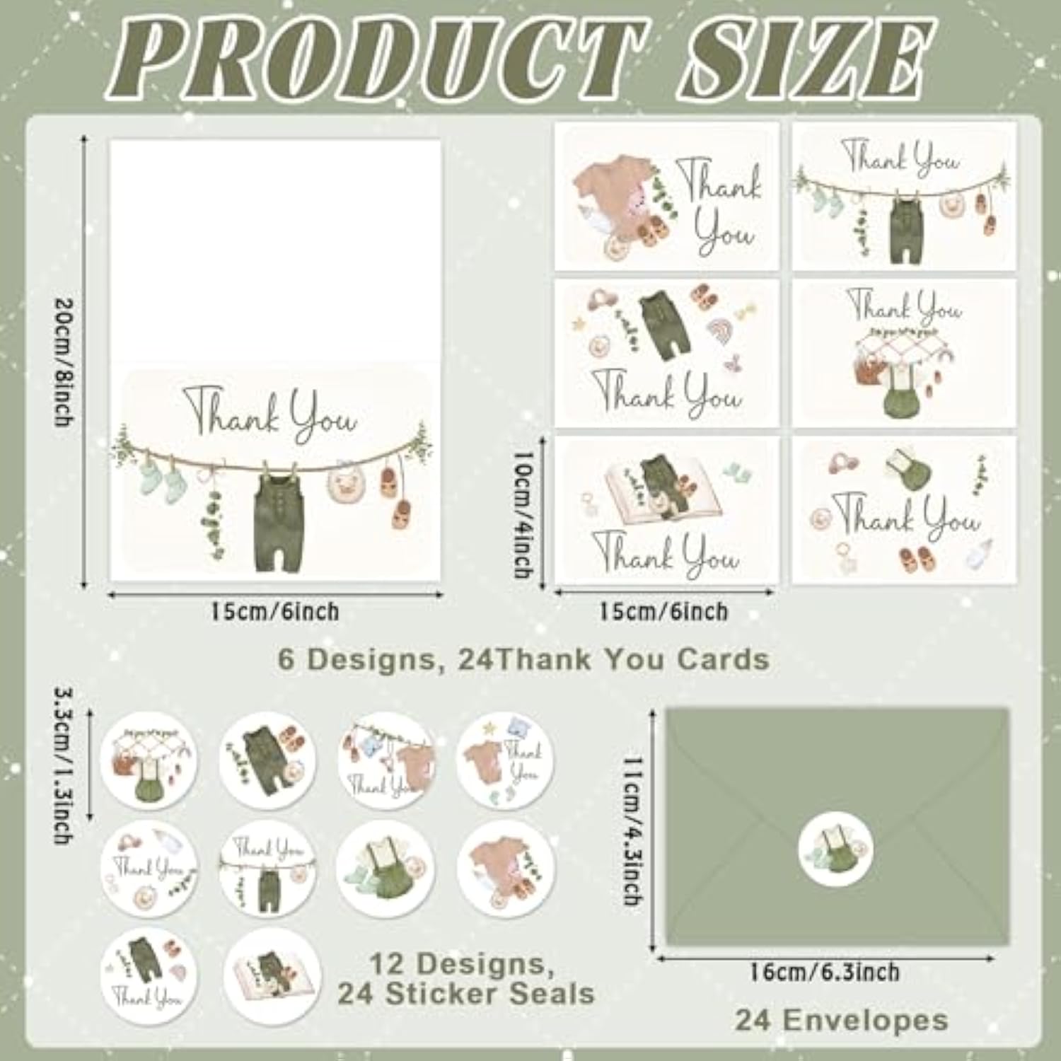 24 Pack Baby Shower Thank You Cards Vintage Green Clothes Note Cards With Envelopes Stickers Sage Green Greeting Blank Card Woodland Personalized Thank You Card For Birthday Baby Shower Party Favors