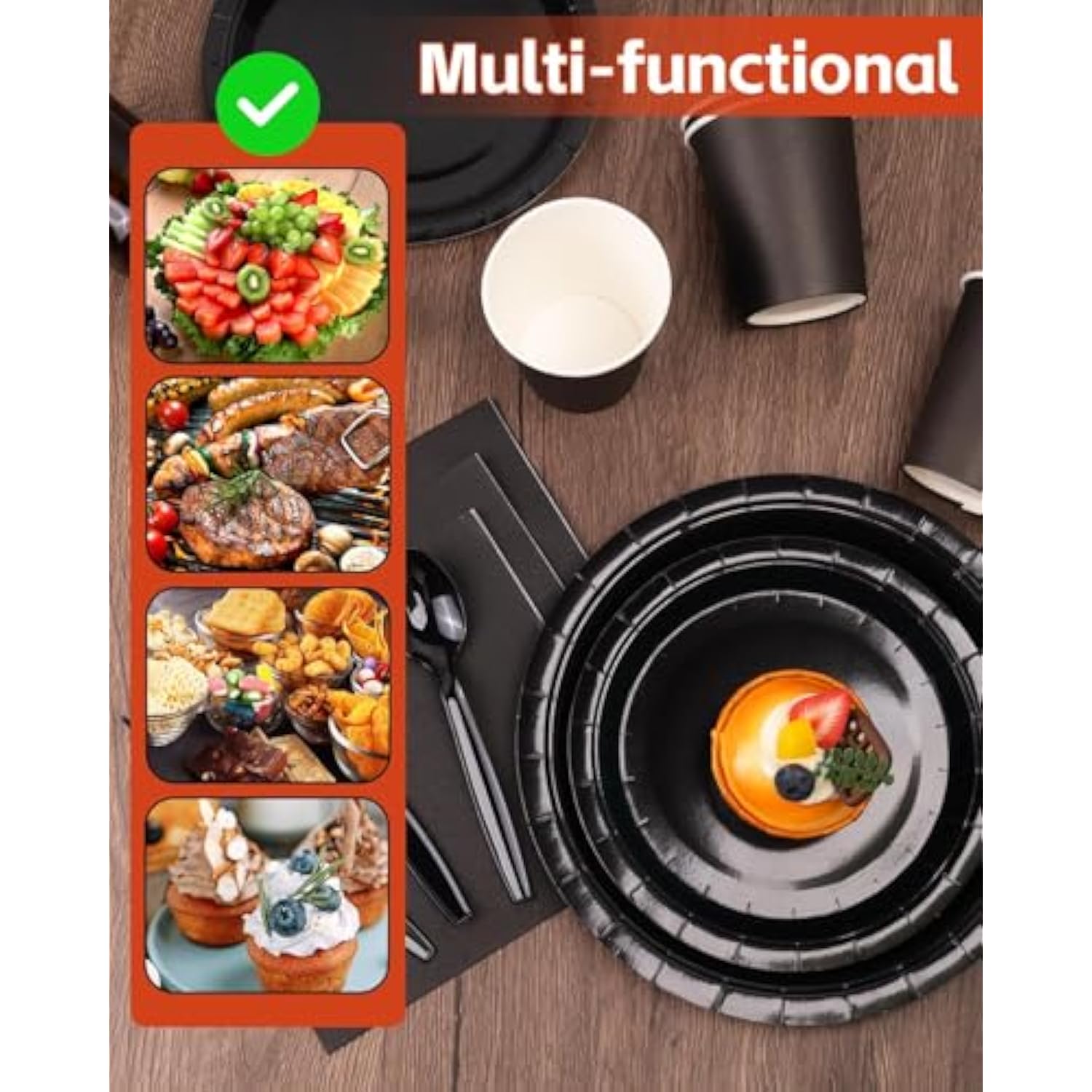 Black Party Supplies Set 224 Pieces Of Black Paper Plates, Cups, Napkins, And Heavy Duty Plastic Spoons Forks Knives For 32 Guests For Birthday, Graduation, Wedding, Festivals