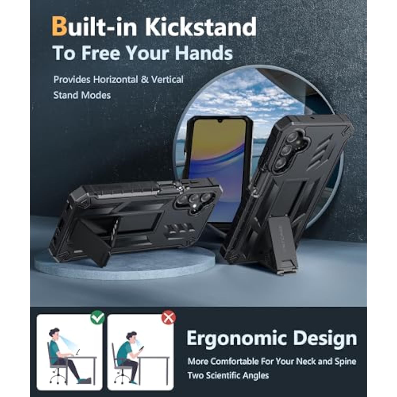 For Samsung Galaxy A15-5G Case: Military Grade Drop Proof Protection Phone Cover With Kickstand | Heavy Duty Rugged Full Body Protective Shockproof Matte Textured Tpu Cases - 6.5 Inch (Black)