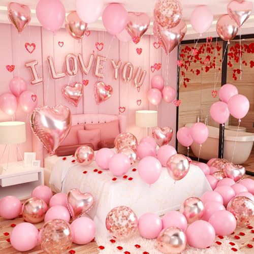 Valentines Day Balloons Kit, Valentines Day Decorations for Bedroom with Rose Gold Pink I LOVE YOU Balloons Rose Petals for Anniversary Mothers Day Wedding Romantic Decorations Special Night