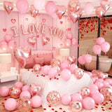 Valentines Day Balloons Kit, Valentines Day Decorations for Bedroom with Rose Gold Pink I LOVE YOU Balloons Rose Petals for Anniversary Mothers Day Wedding Romantic Decorations Special Night