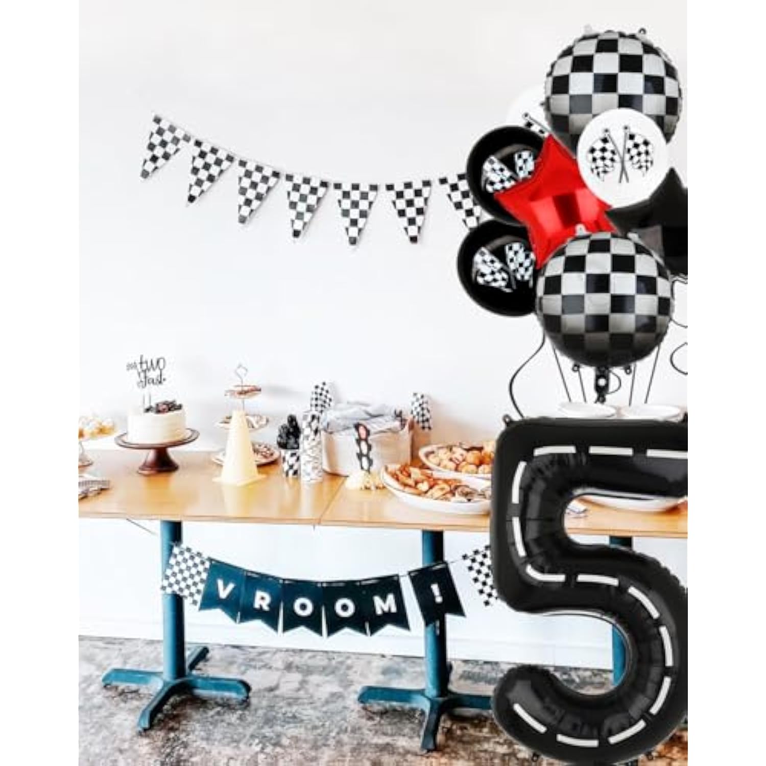Race Car Birthday Balloon Set: Number 5, Checkered Flag, Black Mylar