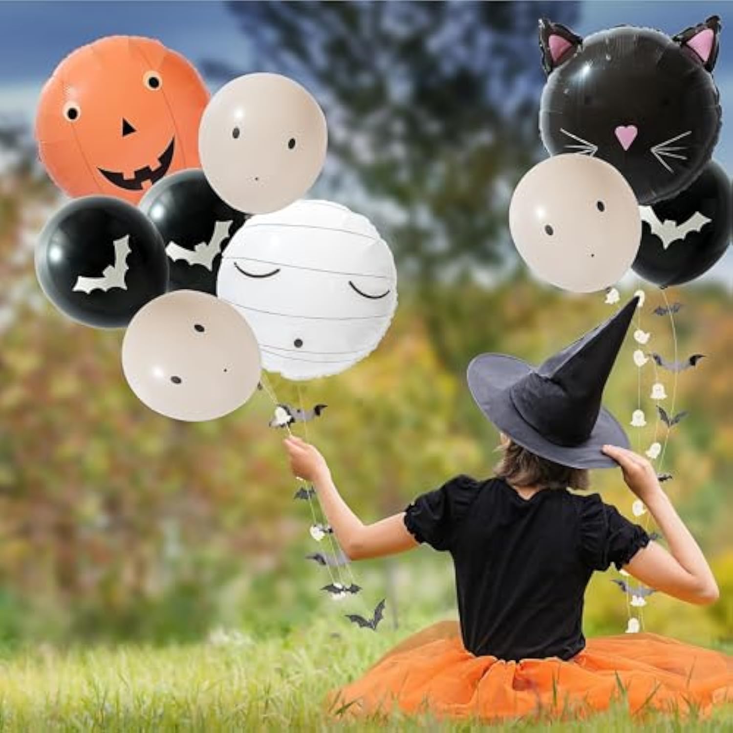alloween Balloon Garland Kit - Ghost, Pumpkin, Cat, Mummy & Bat with Paper Streamers Decor
