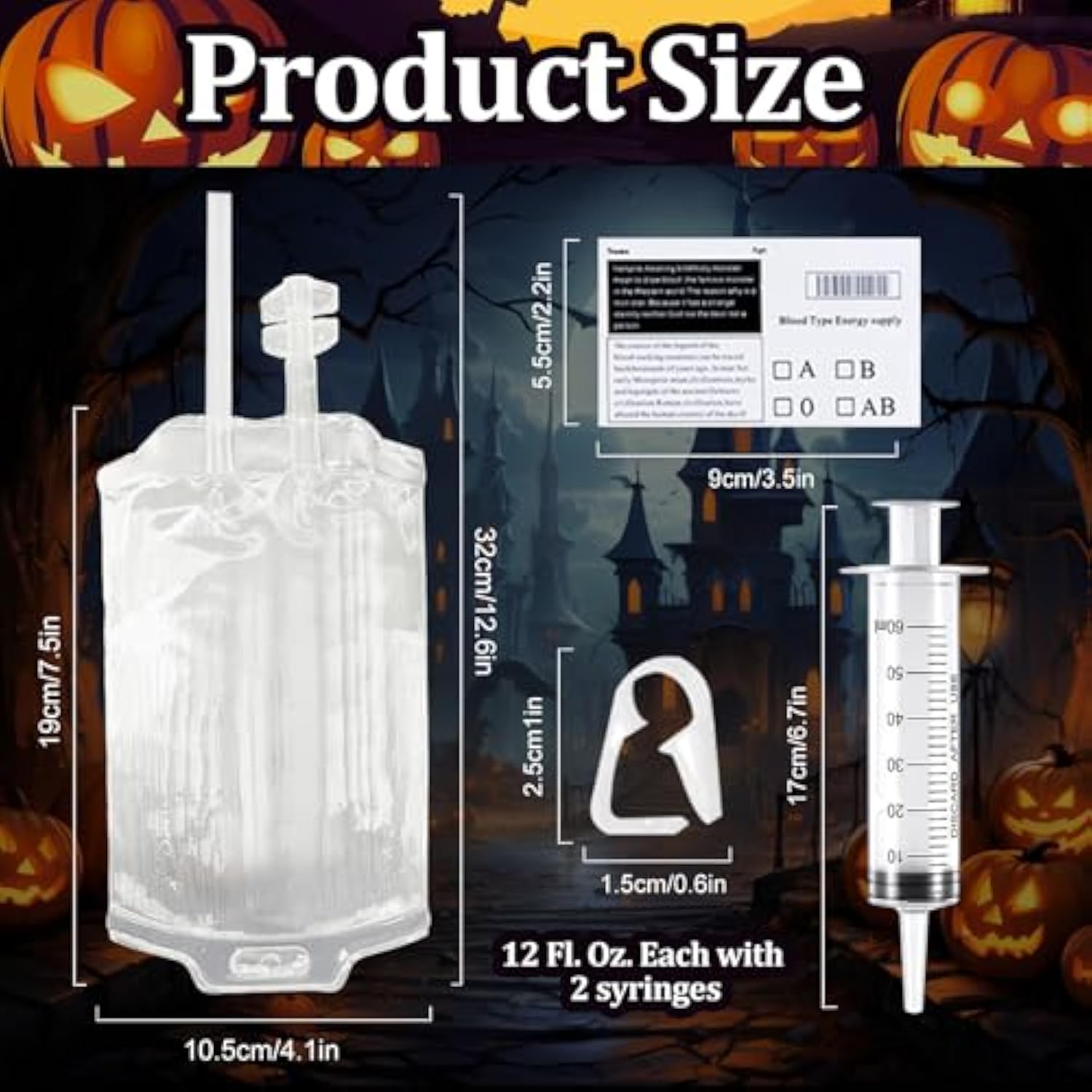 12 Pack Halloween Blood Bag Drink Containers, Reusable Iv Blood Bags Pouches For Vampire Cosplay, Nurse, Medical, Horror Party Decorations, Doctor Nursing/Rn Graduation, 12 Fl. Oz. Each + 2 Syringes