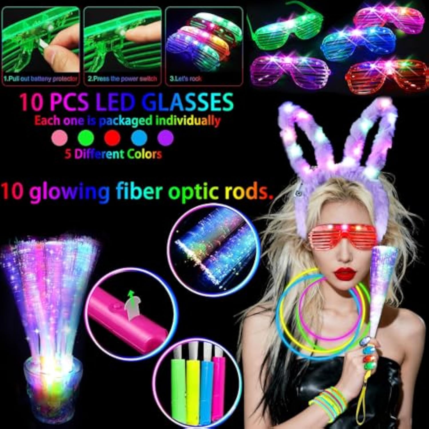 186-Piece Glow in the Dark Party Supplies Set with Sticks Wands Glasses Ears