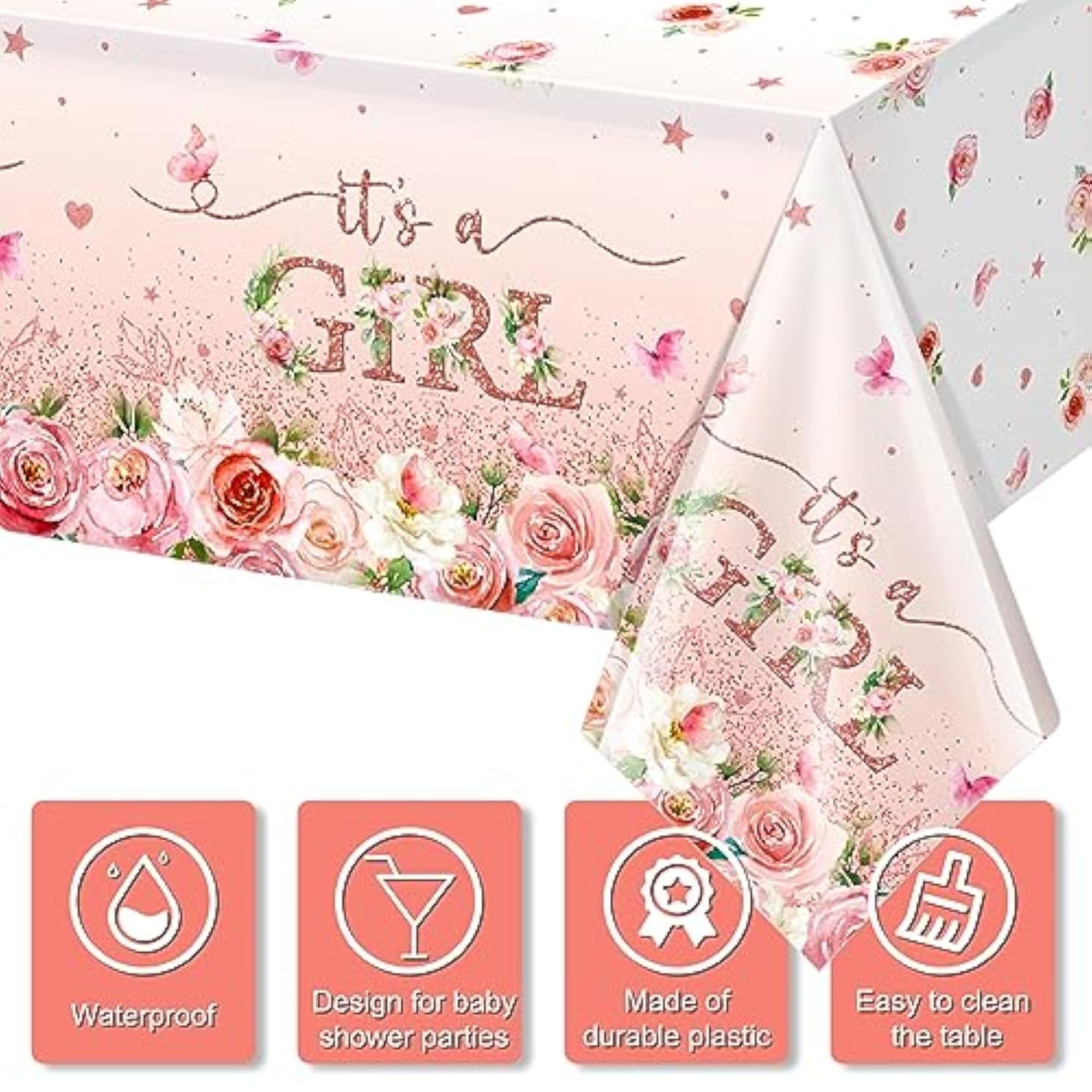 3 Pack Floral Baby Shower Tablecloths - Pink Girl Gender Reveal Decorations