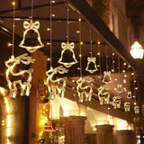180 Led Christmas Curtain String Lights, 8.3 Ft Linkable Warm White Window Fairy Lights With 12 Reindeer & Bell Pendants