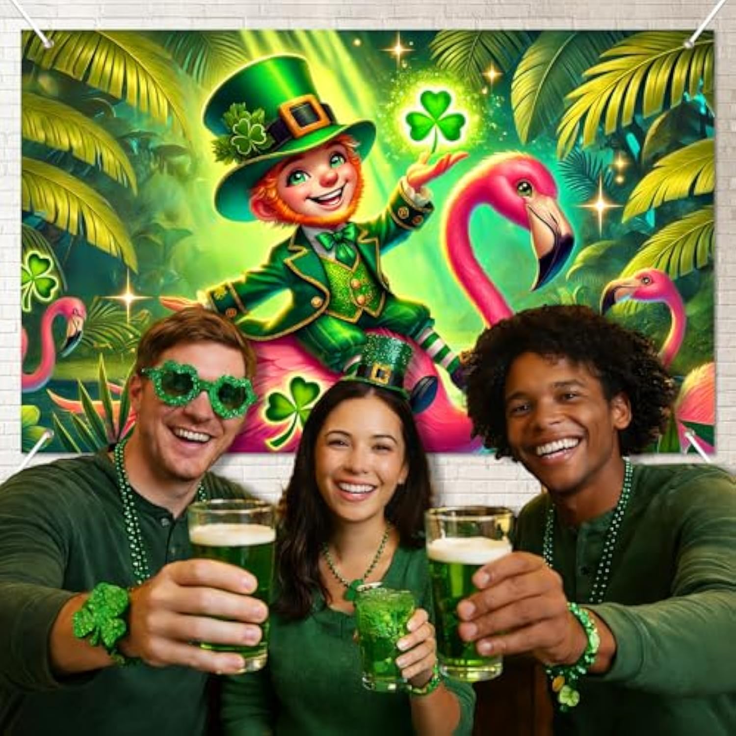 St. Patrick’S Day Banner 71X43 Inch Green Holiday Party Banner Featuring Irish Boy On Pink Flamingo Glowing Clover Tropical Forest Scene For St. Patrick’S Day Decoration Photo Background Wall Display