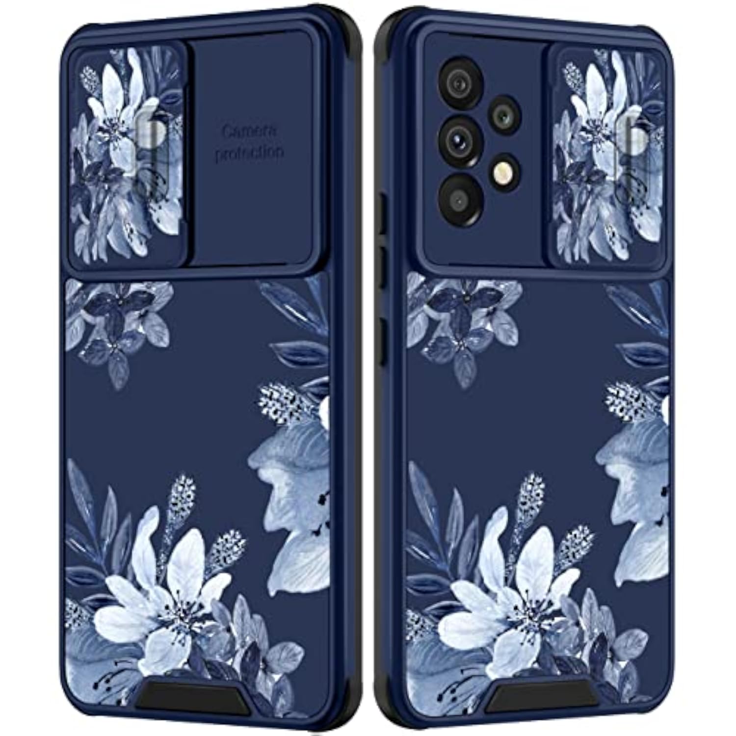 Floral Phone Case for Samsung Galaxy A53 5G - Cute Blue Flowers Design with Slide Camera Cover
