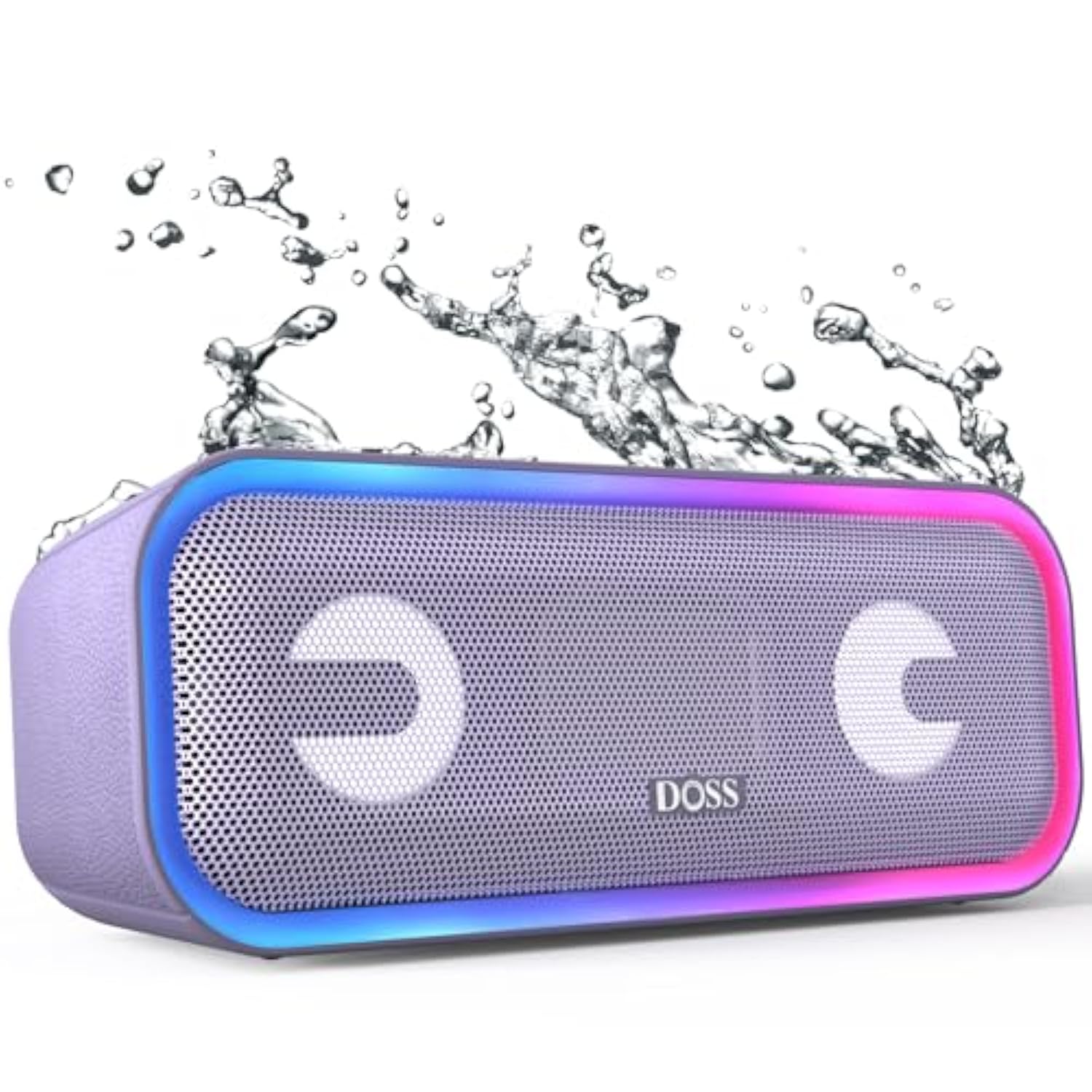 DOSS SoundBox Pro+ Bluetooth Wireless Pairing Speaker with 24W Stereo Sound, Punchy Bass, IPX6 Waterproof, 15Hrs Playtime, Multi-Colors Lights, for Home, Outdoor-Purple