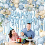 Blue Birthday Decorations, Dusty Blue Sand White Confetti Foil Balloons Happy Birthday Banner Gold Butterfly Fringe Curtains, Light Blue Birthday Decorations For Boys Girls Women Men