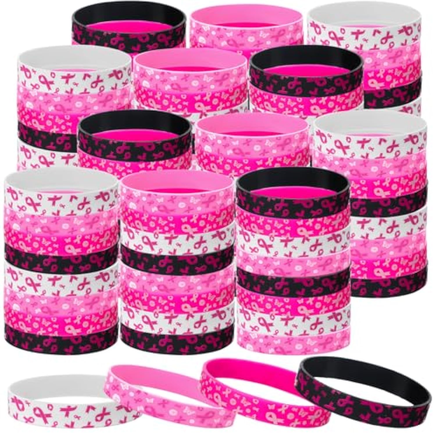 100 Pcs Breast Cancer Awareness Bracelets Pink Ribbon Breast Cancer Awareness Silicone Wristbands Black Party Favors Gifts For Women Accessories(Black Pink)