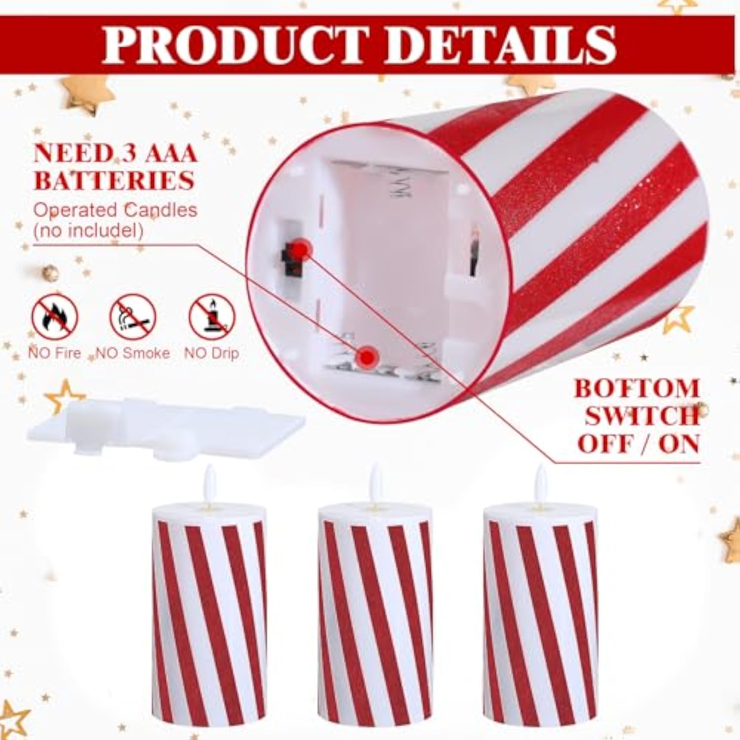 3 Pcs Christmas Flameless Candles Candy Cane Led Pillar Candle With Glitter Stripe Red And White Battery Operated Candlestick For Xmas Party Holiday Centerpiece Home Decoration