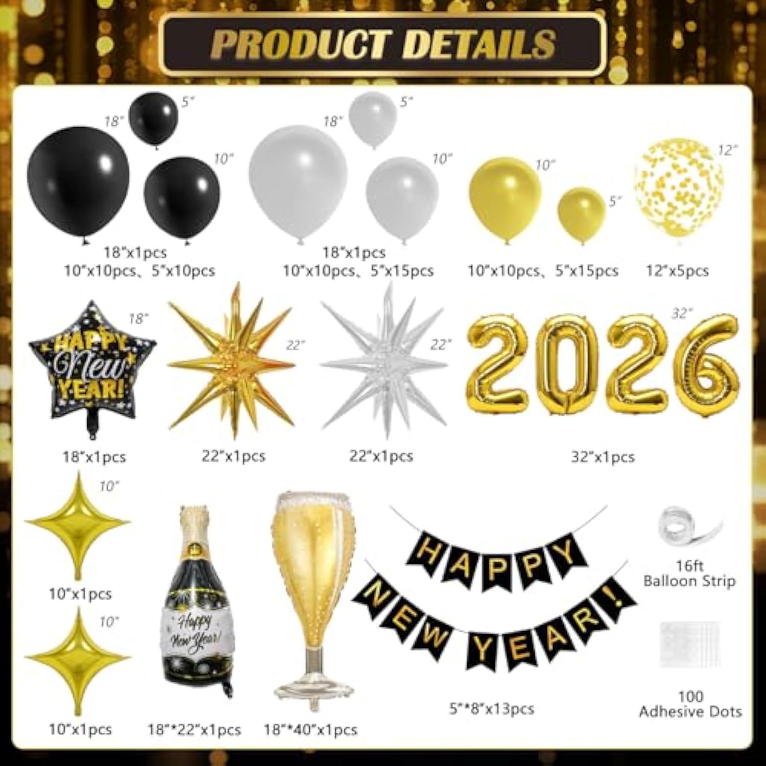 New Year 2026 Balloon Arch Black Gold Silver Confetti Number Balloons Banner