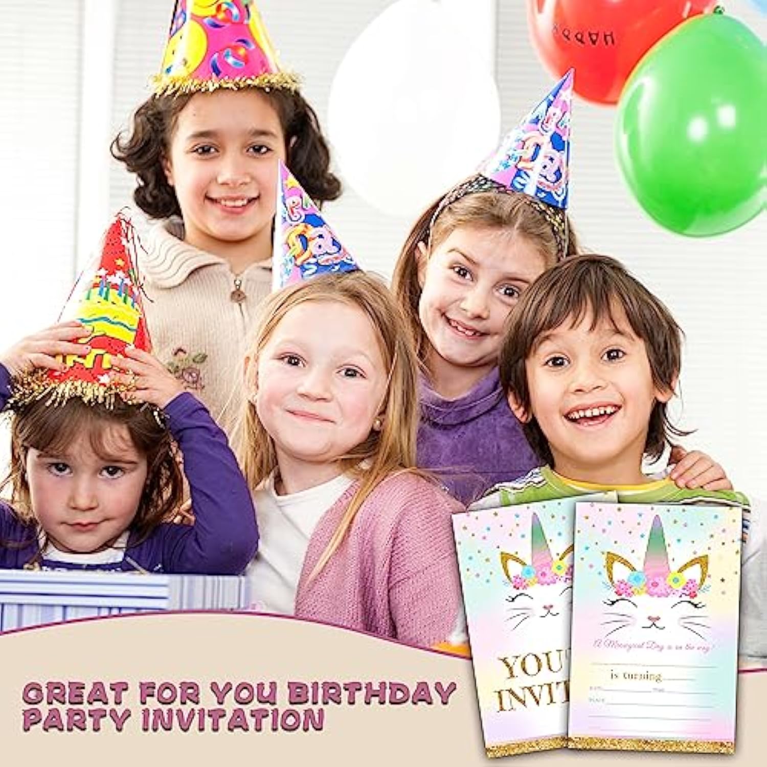 Caticorn Birthday Invitations For Kids, Kitty Unicorn Birthday Party Invitation Cards, Rainbow Cat Floral Party Celebration Supplies Decoration -20 Fill In Invitations With Envelopes (B03)