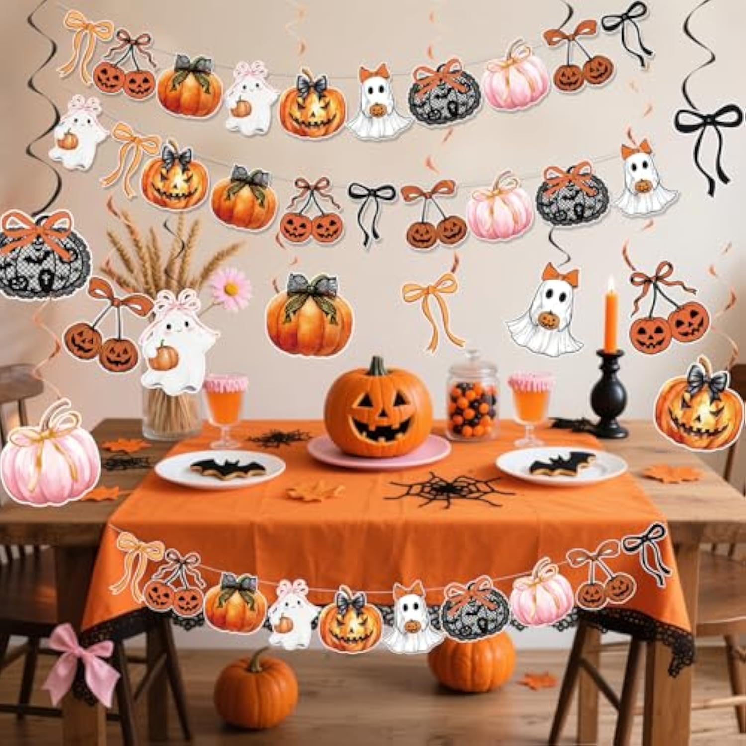 Halloween Party Banner with Bows and Pumpkins Spooky Cute Decor for Kids Indoor Celebration