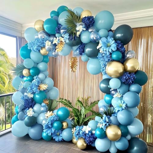 Teal Blue Gold Balloons Double Stuffed Latex Dusty Blue Turquoise Balloon Different Sizes Teal Gold Balloon Garland for Birthday Wedding New Year Anniversary Baby Shower Ocean Party Decor