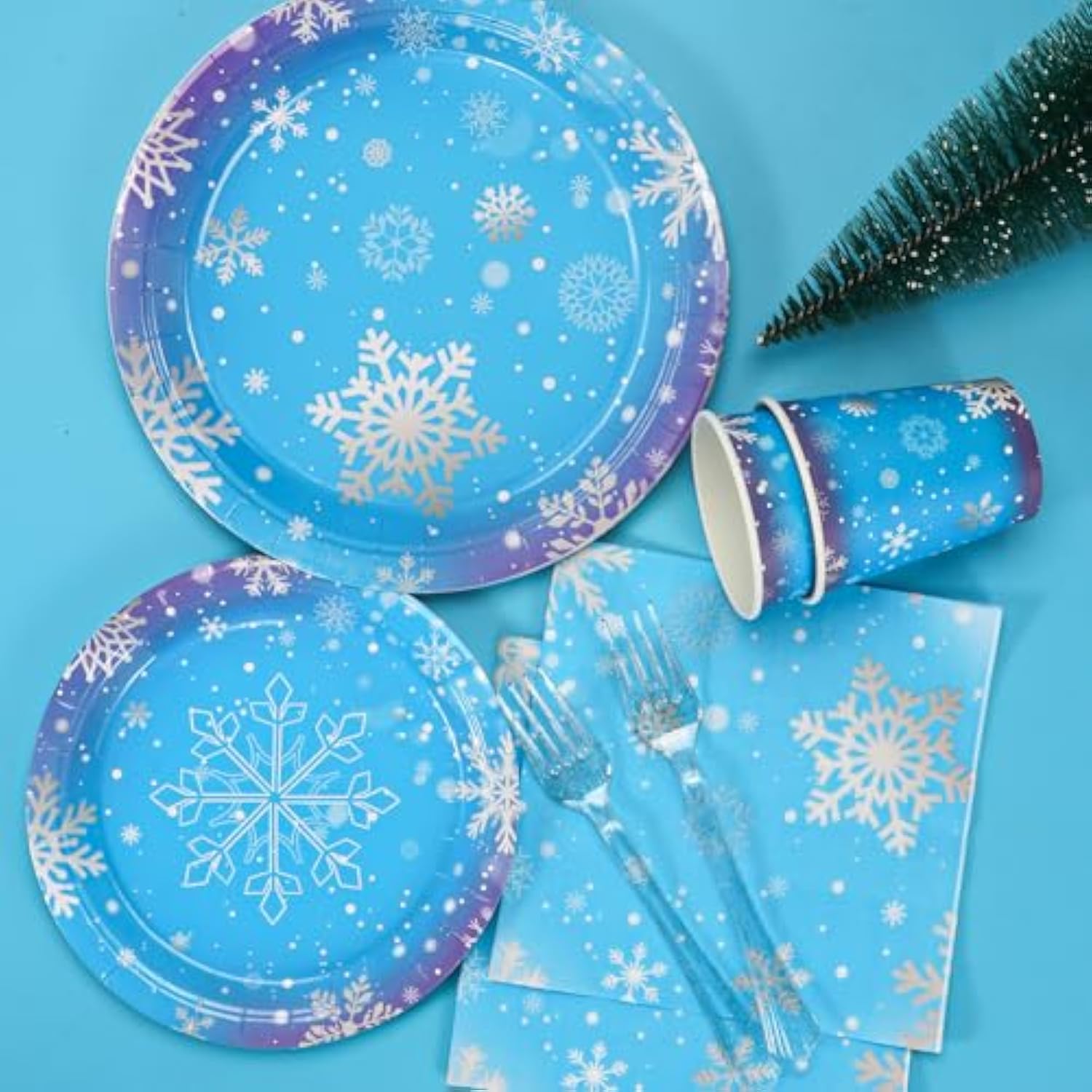 Frozen Birthday Party Supplies, Disposable Snowflake Paper Plates, Cups, Napkins,Cutlery And Tablecloth For Christmas Winter Wonderland Frozen Birthday Party Decorations Serves 24