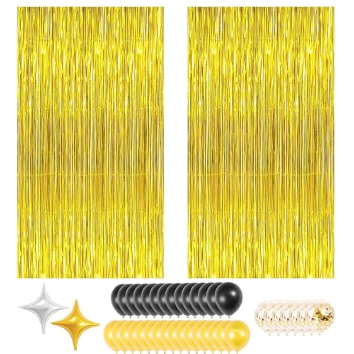 Gold Foil Party Curtain Kit With Balloons & Garland – 2-Pack Metallic Fringe Backdrop (3.28×6.56 Ft) For Christmas, Graduation, Birthday Photo Booth New Year Decorations