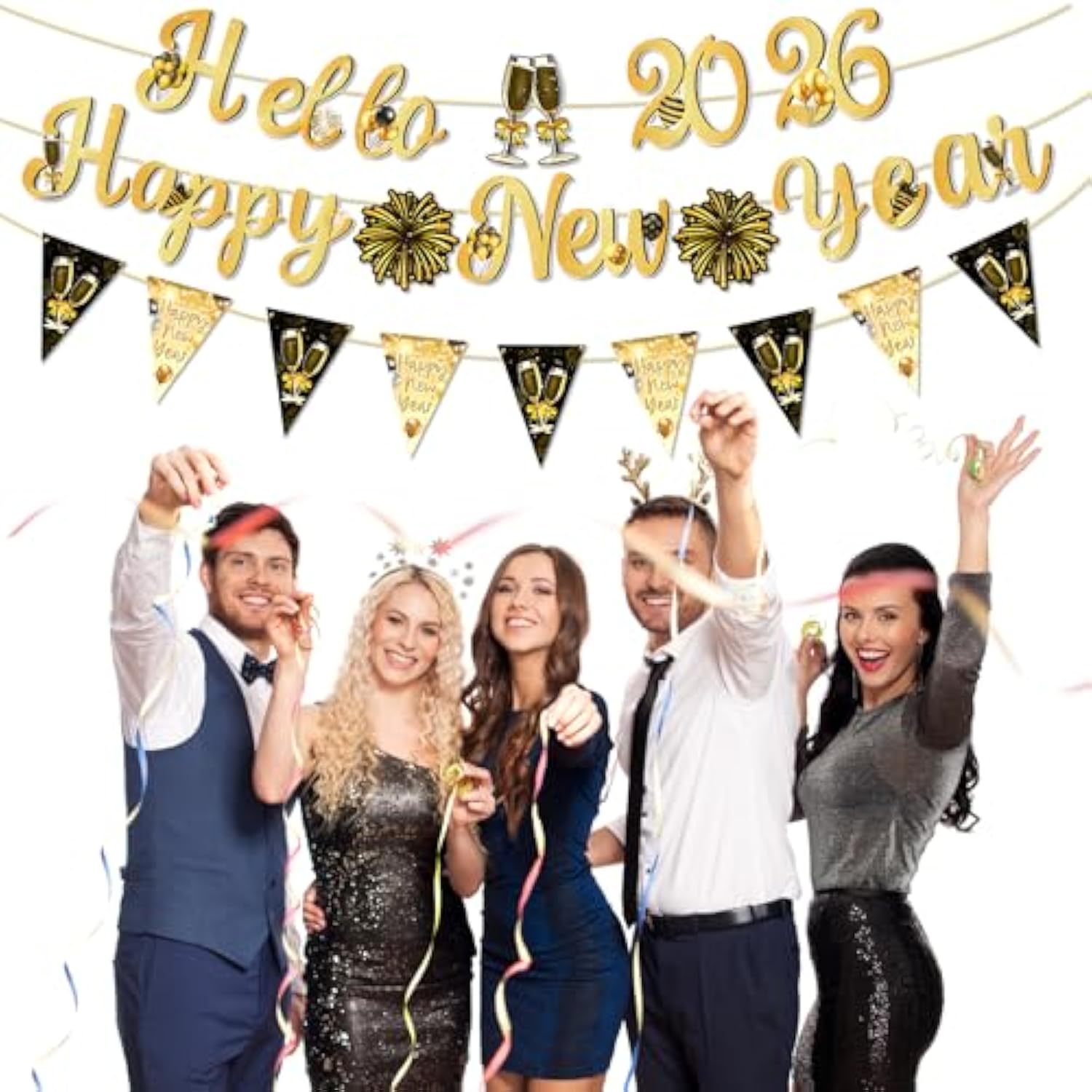 3 Pc 2026 New Year Banner Set Black Gold Selfie Background for Party