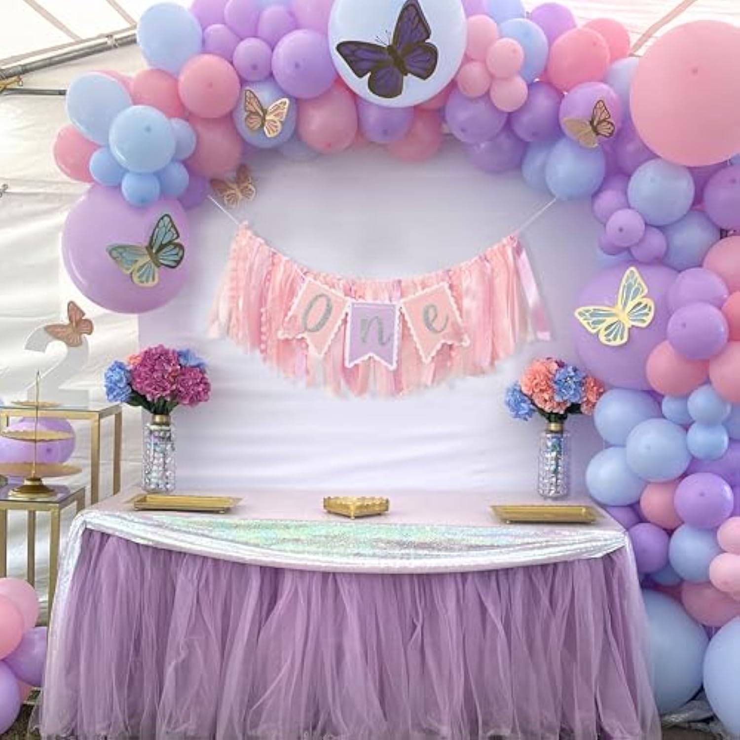 Pink Butterfly First Birthday Highchair Banner - 1St Birthday Decoration, Spring One Decor, Girls Highchair Banner, Photo Prop Cake Smash