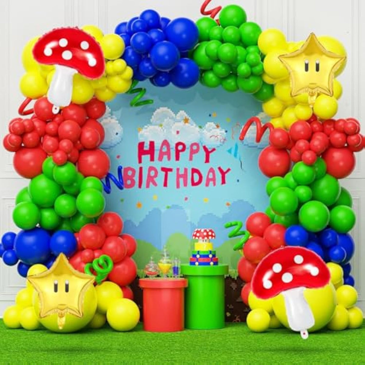 156Pcs Red Blue Green Yellow Balloon Garland Kit Mushroom Star Balloons For Cartoon Video Game Theme Super Bros Birthday Game Birthday Party Supplies