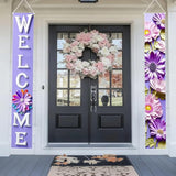 1Pc 71X12 Inch Purple Flower Party Banner Set With 3D Effect Bloom Design Vertical Welcome Sign For Indoor Outdoor Garden Patio Porch Spring Summer Seasonal Decoration