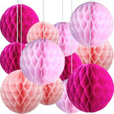 12 Pcs Pink and Hot Pink Paper Honeycomb Flower Balls for Party Ceiling Wall Hanging Tissue Pom Poms Decor (6 inch & 10 inch)