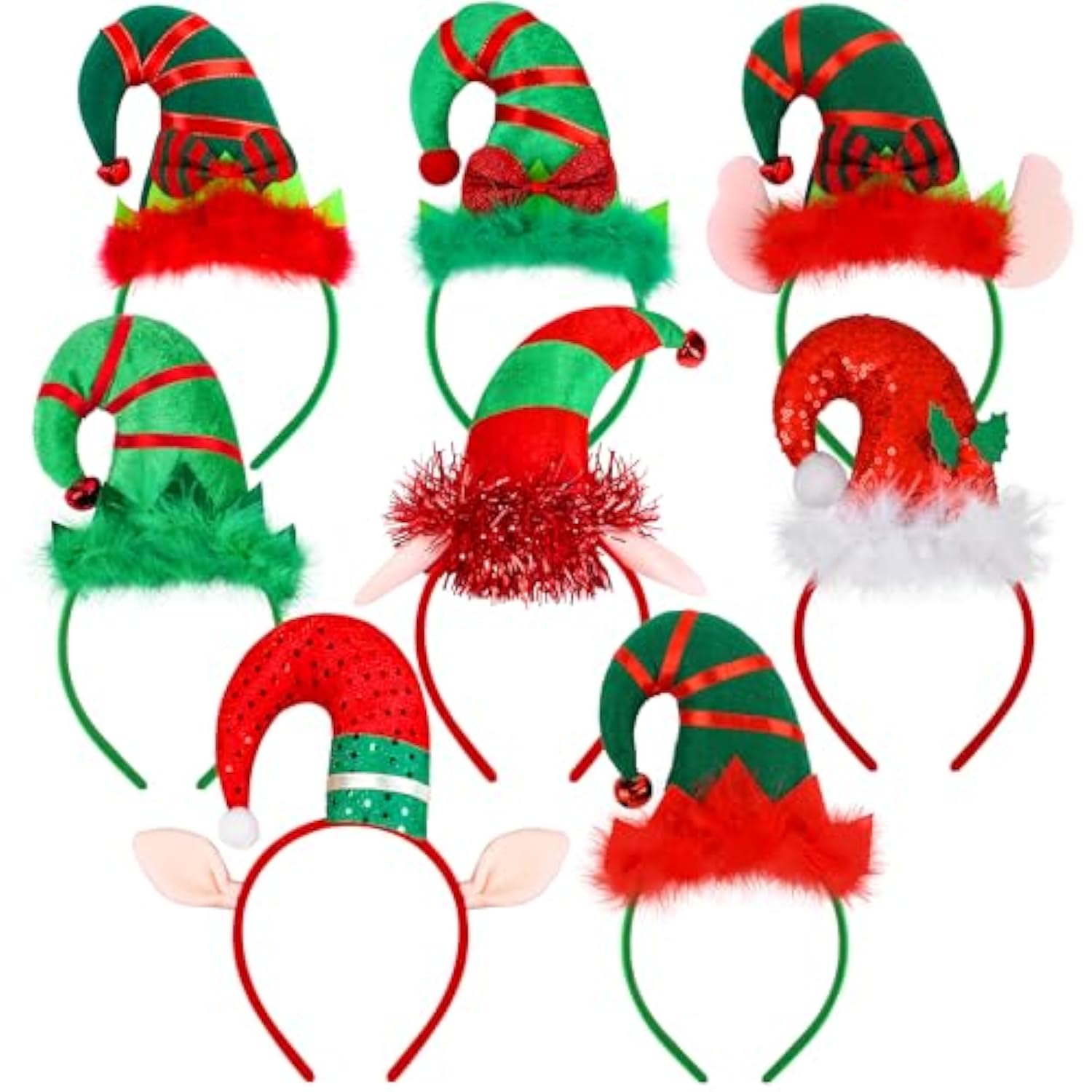 8 Pack Christmas Headbands Cute Elf Hat Costume Headwear Christmas Hair Hoop For Christmas Party Holiday Favors Elves Party Decoration