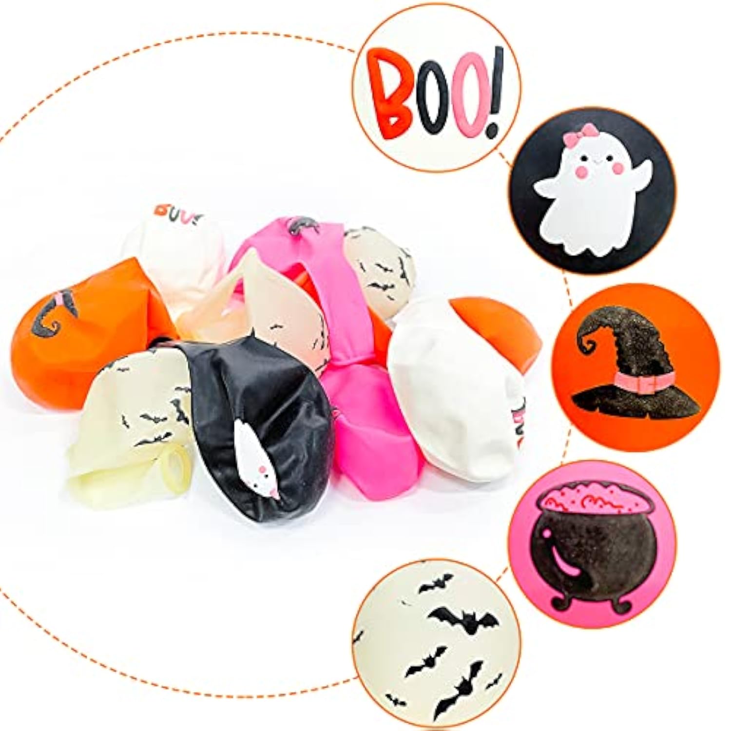 50Pcs Girls Halloween Balloons - Pink, Orange, Black, White with Ghost, Bat & Witch Print